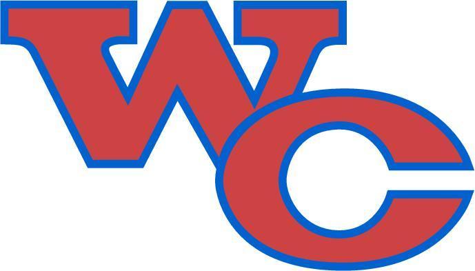 The letters W and C colored with red and trimmed with a blue outline 