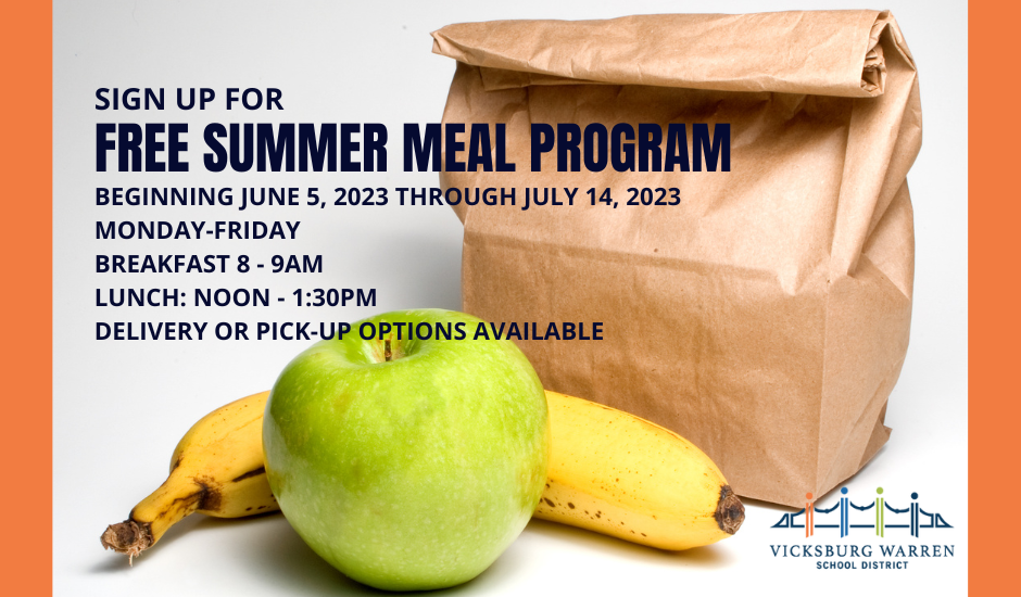 brown paper sack lunch, green apple and yellow banana - sign up for free summer meal program