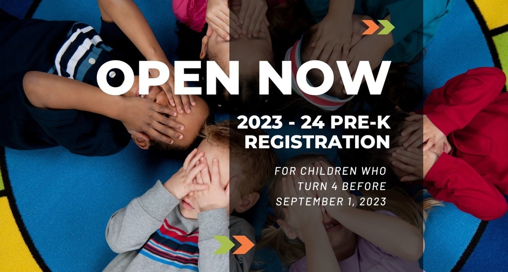 Photo of young children of different races lying on their backs in a cirle with their eyes covered as if they are playing a game. words OPEN NOW 2023-24 {re-K Registration for children who turn 4 before september 1, 2023. 
